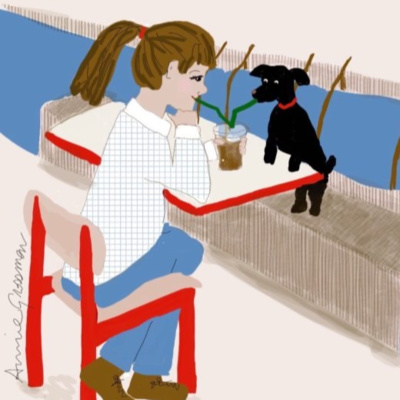drawing of dog and owner eating outside