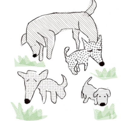 Drawing of dogs sniffing grass